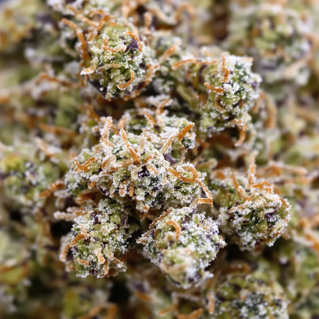Primer plano de cogollo de cannabis Corleone Kush mostrando estructura equilibrada con tricomas escarchados