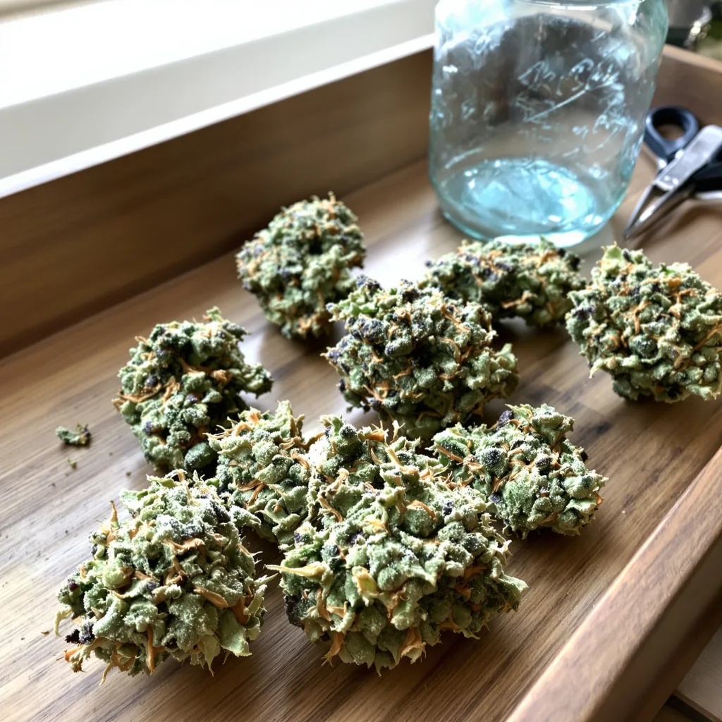 Cotton Candy Kush 50% indica / 50% sativa — flor con tricomas visibles