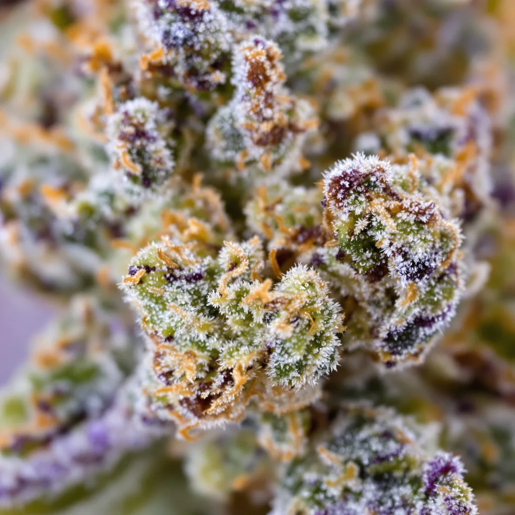 Primer plano de cogollo de cannabis Cotton Candy Kush mostrando estructura equilibrada con tricomas escarchados