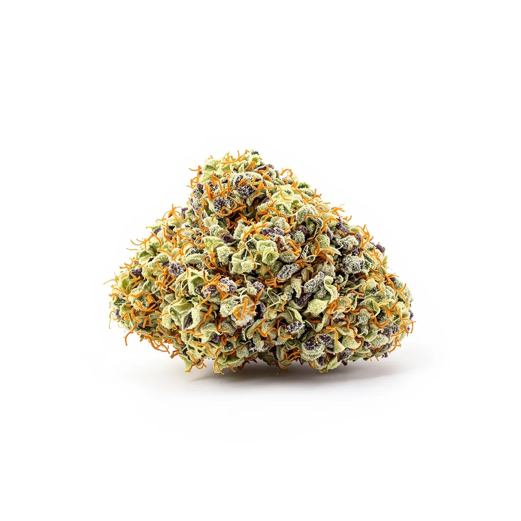 Cotton Candy Kush 50% indica / 50% sativa — flor con tricomas visibles