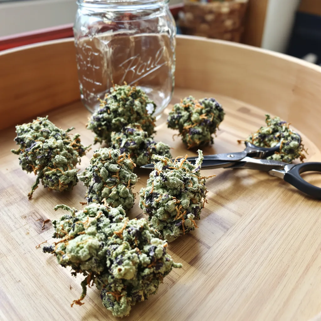Cotton Candy Kush 50% indica / 50% sativa — flor con tricomas visibles