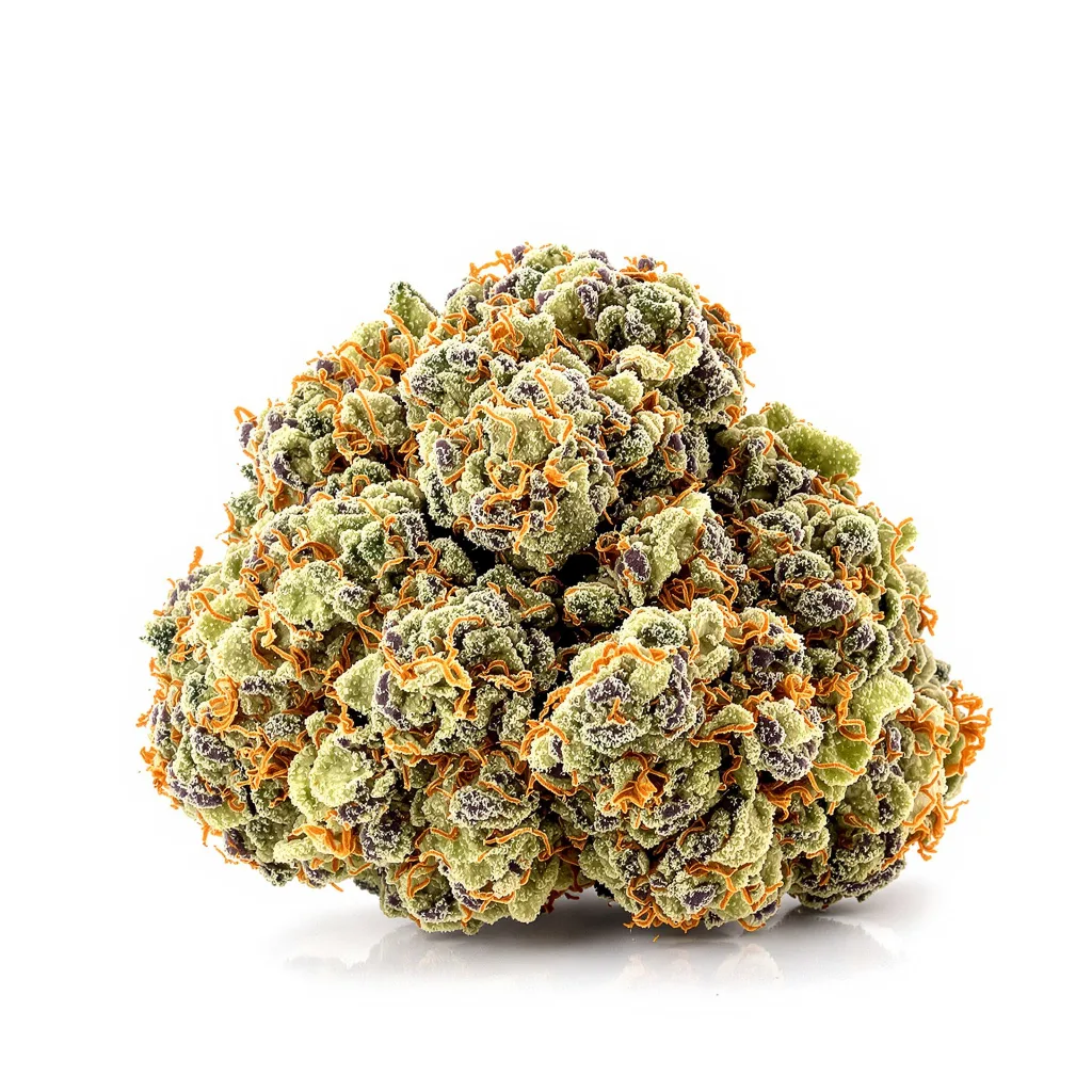 Cotton Candy Kush 50% indica / 50% sativa — flor con tricomas visibles
