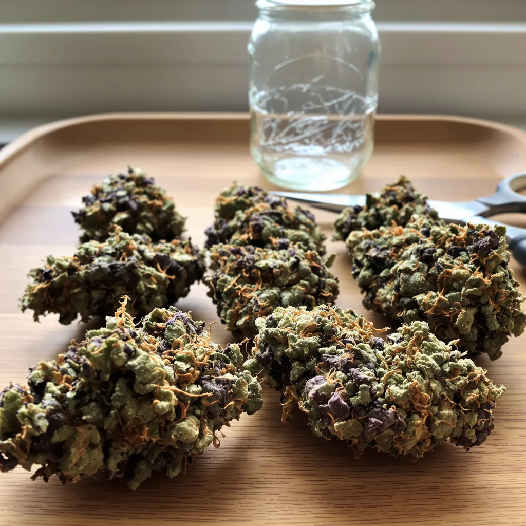 Cowboy Kush 84% indica / 16% sativa — flor con tricomas visibles