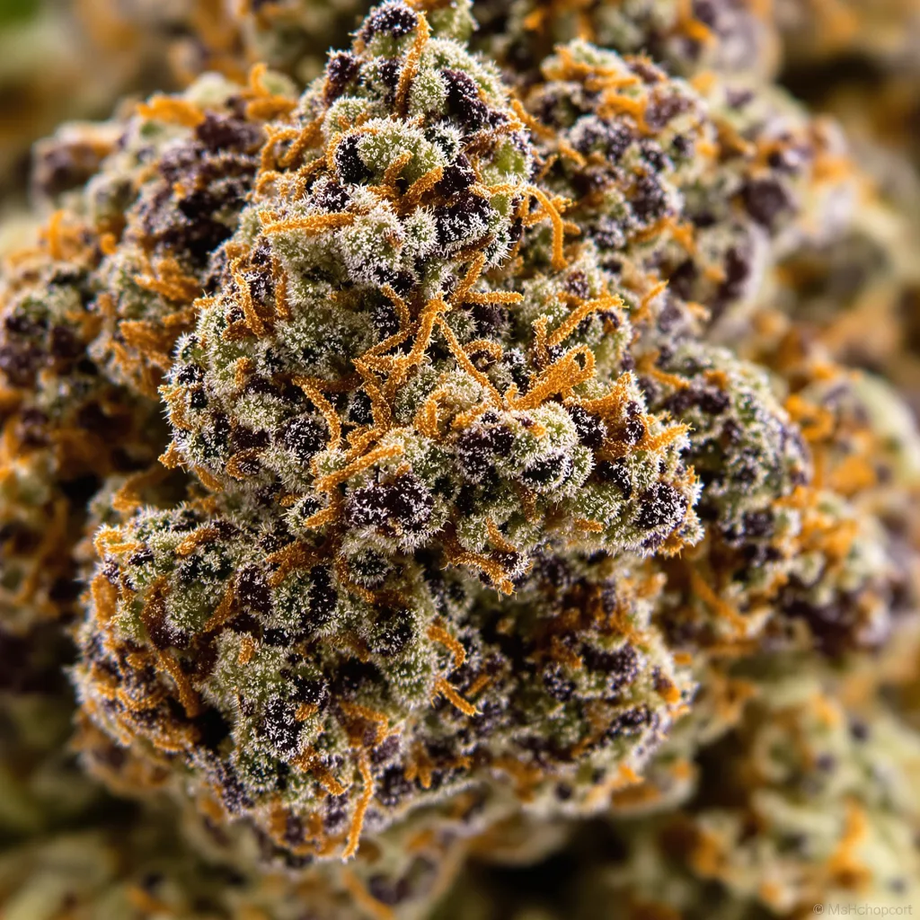 Primer plano de cogollo de cannabis Cowboy Kush mostrando cálices densos con tonos morados