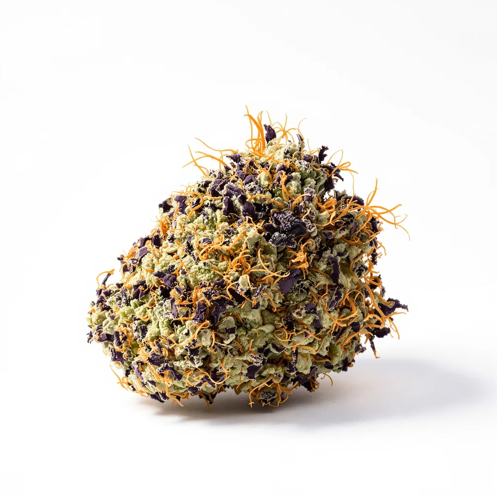 Cowboy Kush 84% indica / 16% sativa — flor con tricomas visibles