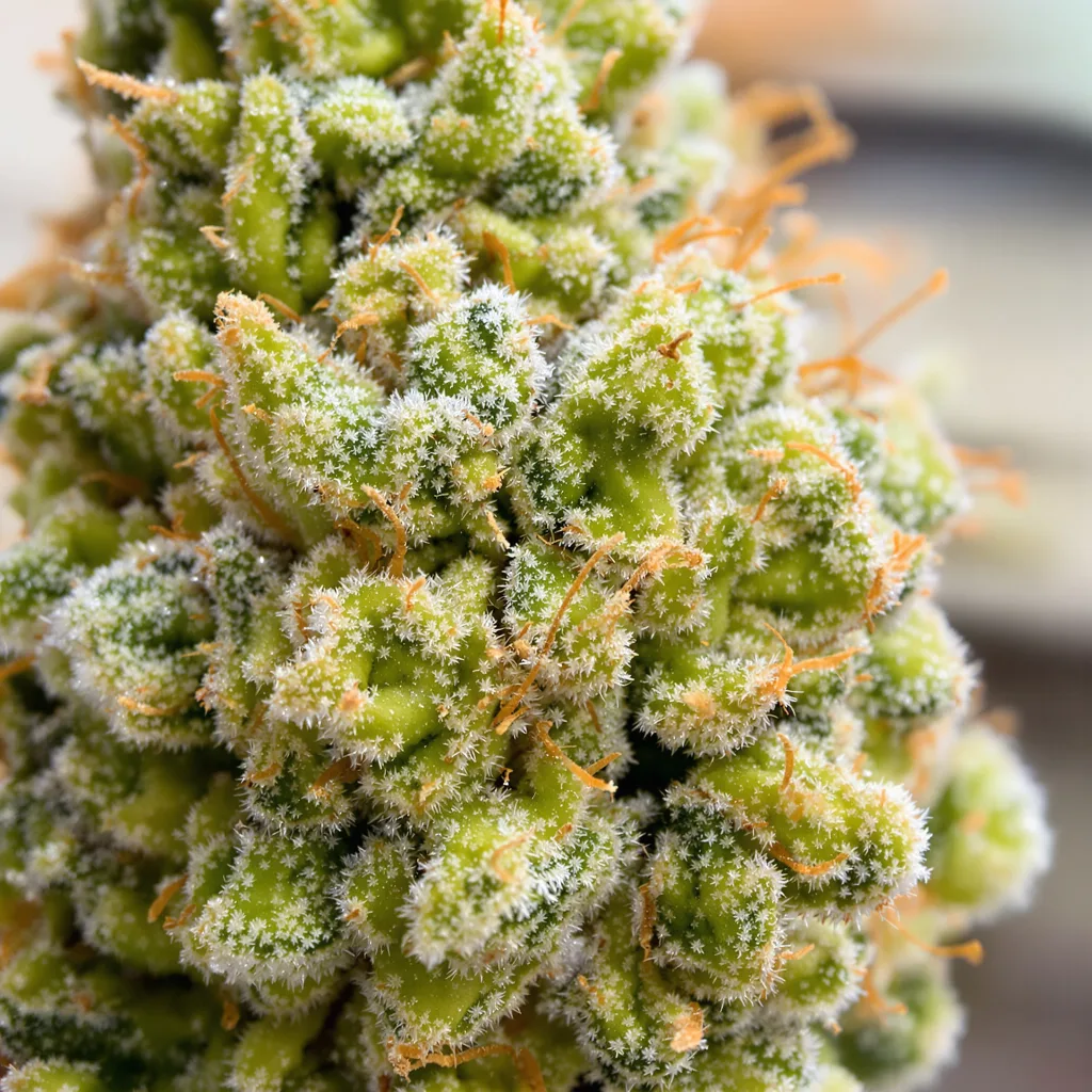 Primer plano de cogollo de cannabis Cramnesia mostrando estructura aireada verde lima