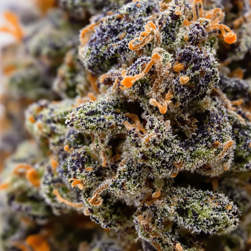 Primer plano de cogollo de cannabis Cream Caramel mostrando cálices densos con tonos morados