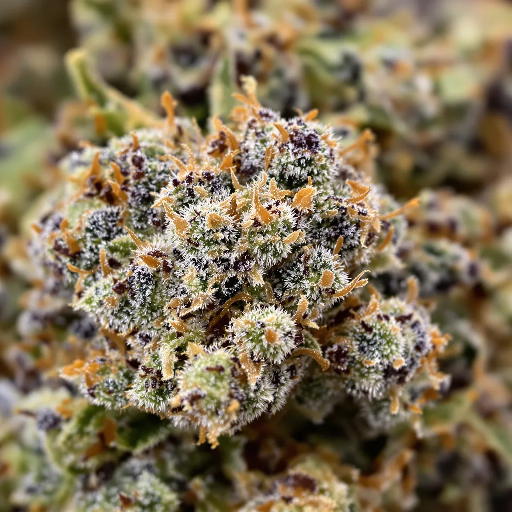 Primer plano de cogollo de cannabis Cream mostrando cálices densos con tonos morados