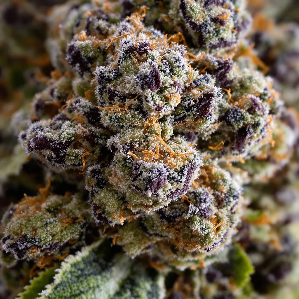 Primer plano de cogollo de cannabis Critical Bilbo mostrando cálices densos con tonos morados