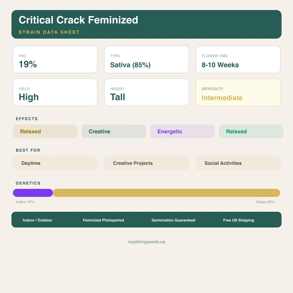 Critical Crack 15% indica / 85% sativa — flor con tricomas visibles