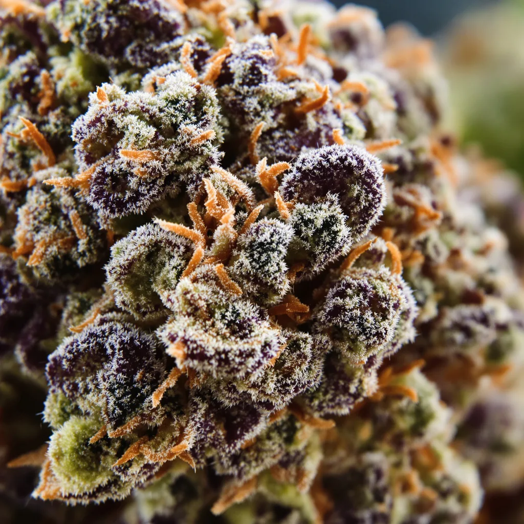 Primer plano de cogollo de cannabis Critical Fast Bud mostrando cálices densos con tonos morados