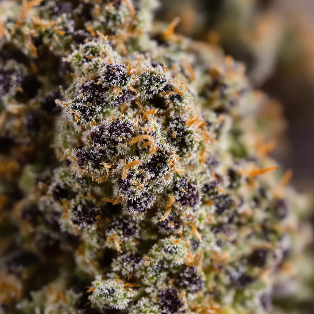 Primer plano de cogollo de cannabis Critical Glue mostrando cálices densos con tonos morados