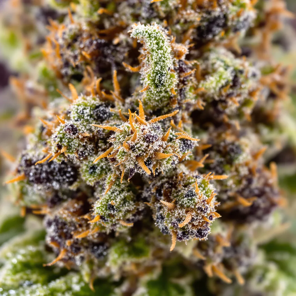 Primer plano de cogollo de cannabis Critical Glue mostrando cálices densos con tonos morados