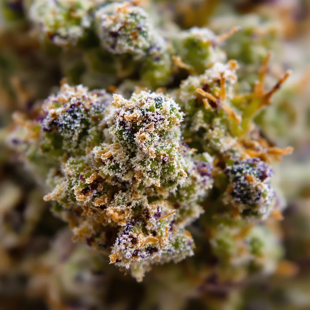 Primer plano de cogollo de cannabis Critical Jack mostrando estructura equilibrada con tricomas escarchados
