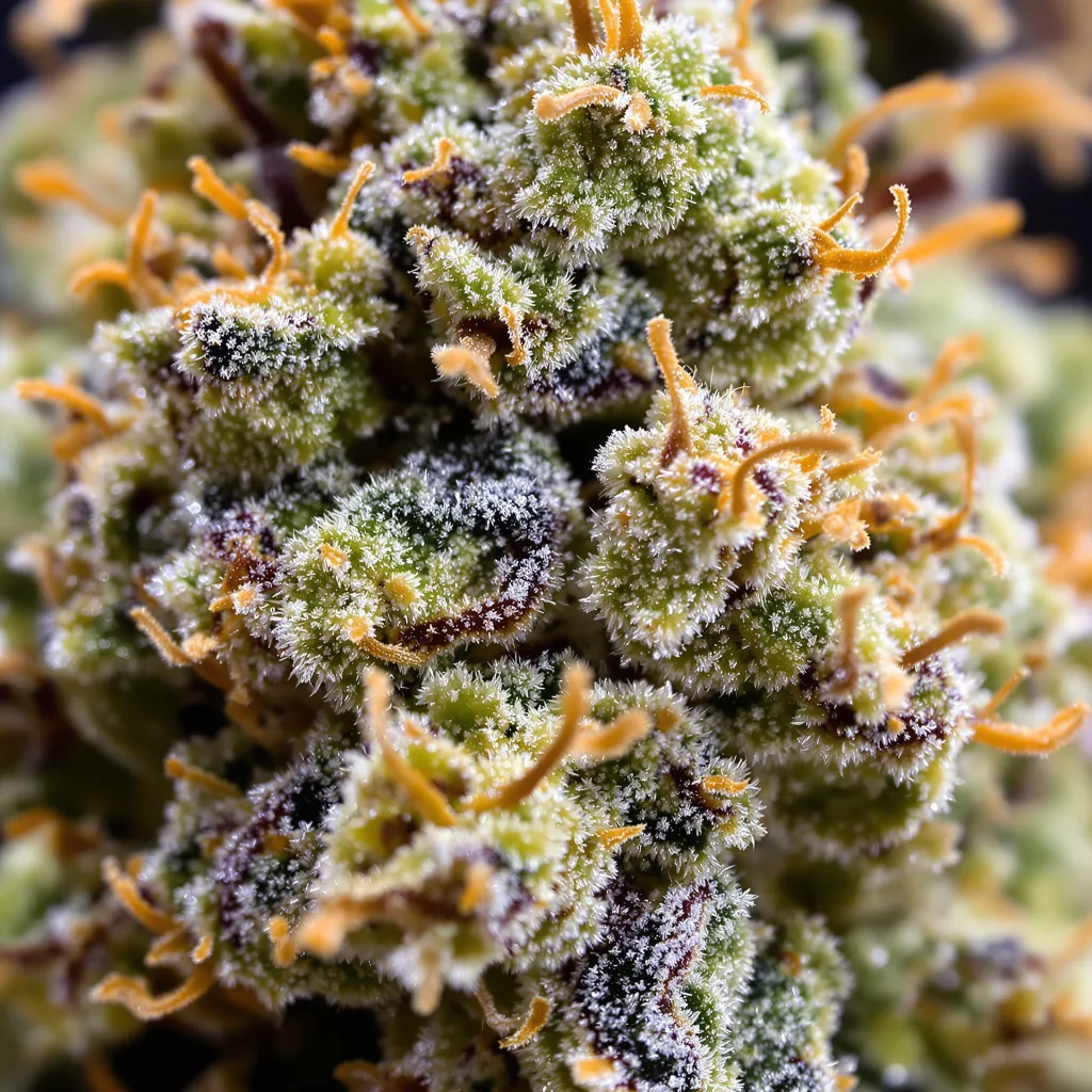 Primer plano de cogollo de cannabis Critical Jack mostrando estructura equilibrada con tricomas escarchados
