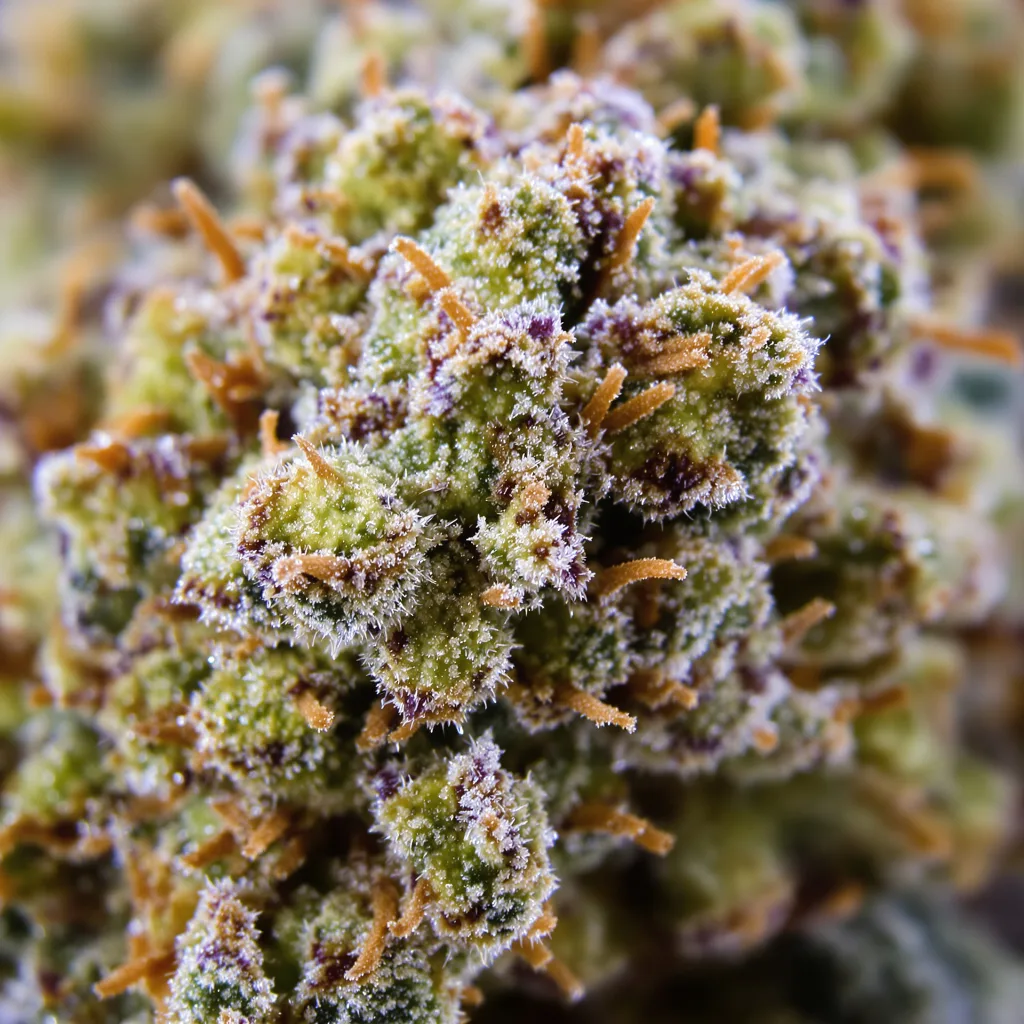 Primer plano de cogollo de cannabis Critical Plus mostrando cogollos densos verde bosque