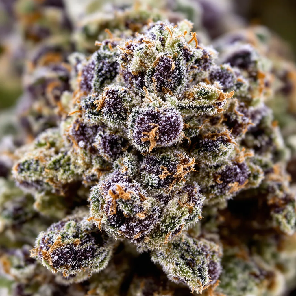 Primer plano de cogollo de cannabis Critical Purple mostrando cálices densos con tonos morados