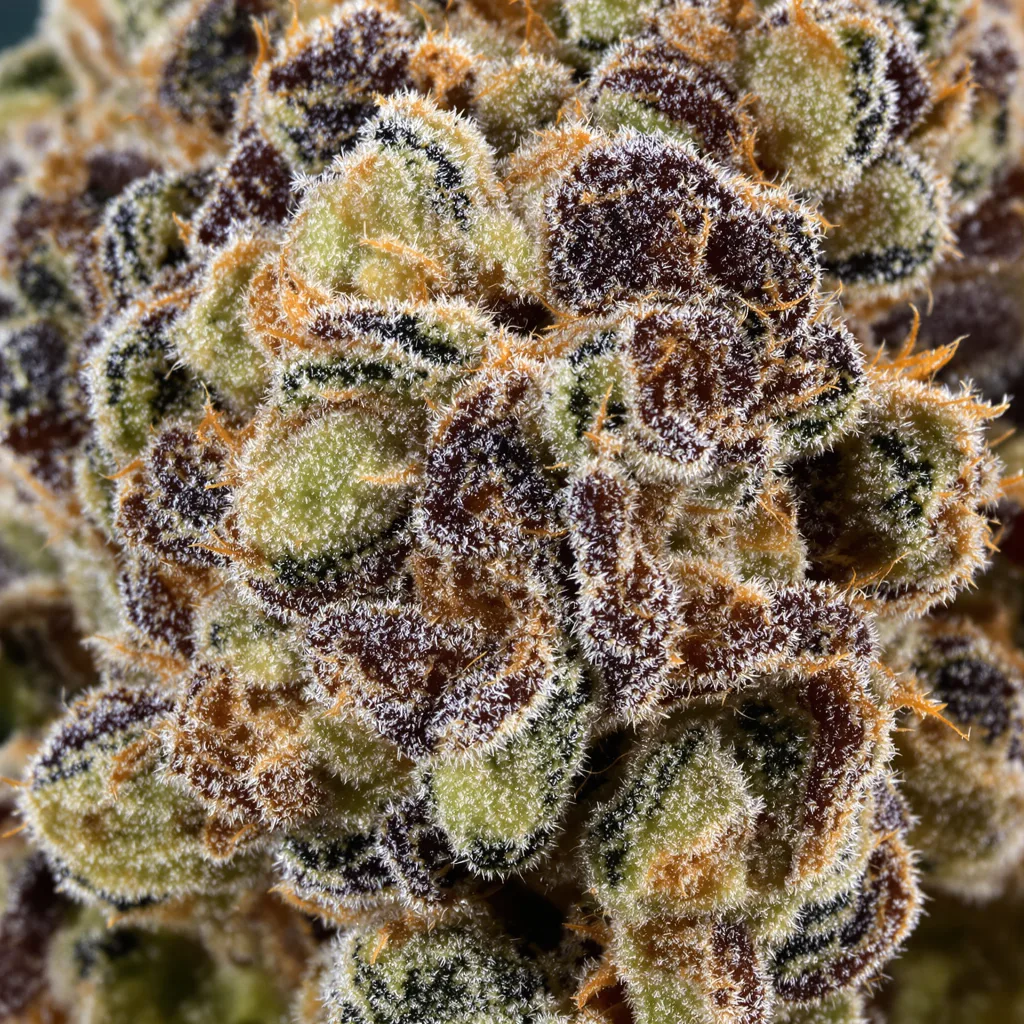 Primer plano de cogollo de cannabis Critical Skunk mostrando cálices densos con tonos morados
