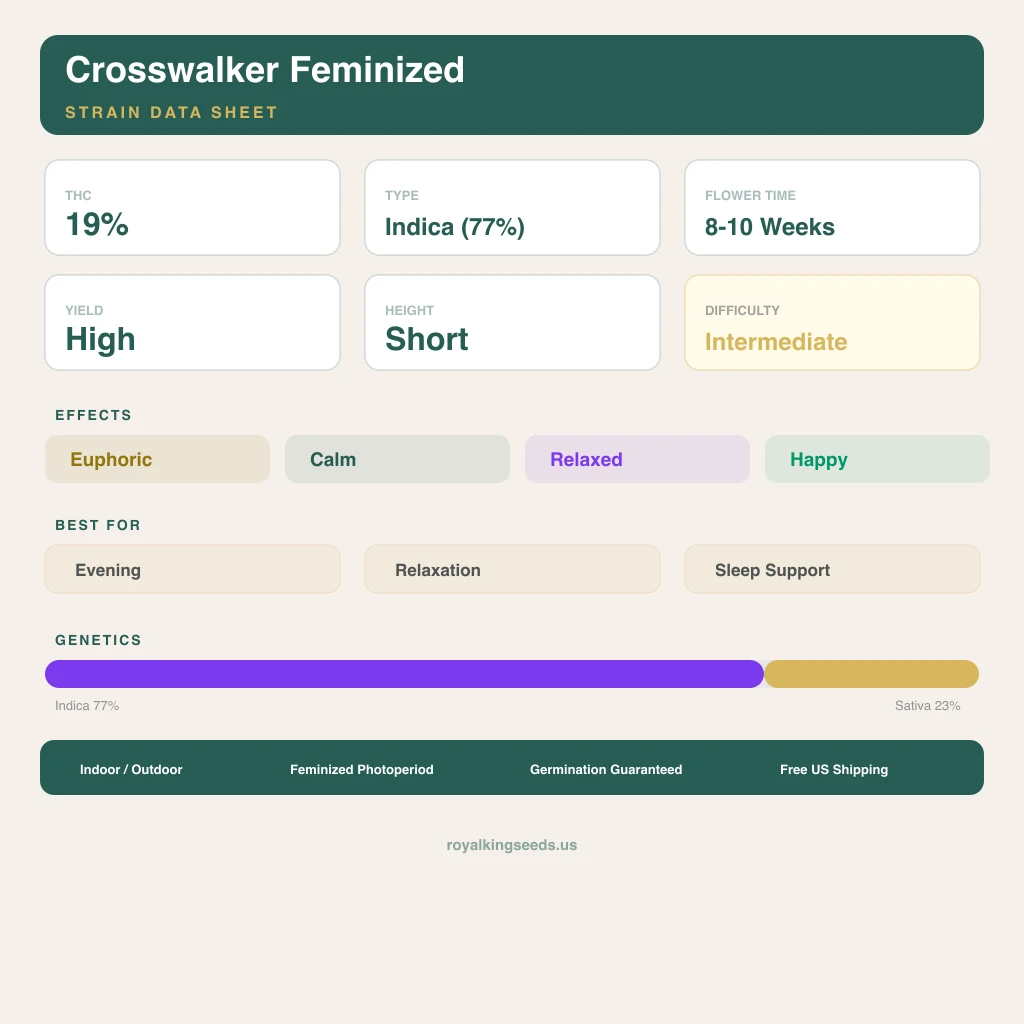 Crosswalker 77% indica / 23% sativa — flor con tricomas visibles