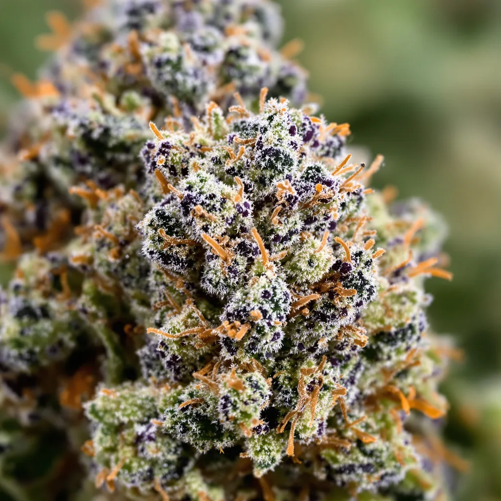 Primer plano de cogollo de cannabis Crosswalker mostrando cálices densos con tonos morados