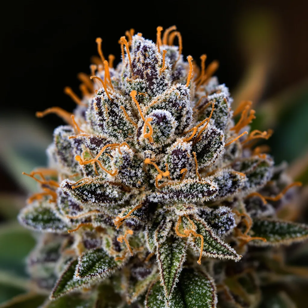 Primer plano de cogollo de cannabis Crouching Tiger Hidden Alien mostrando cálices densos con tonos morados