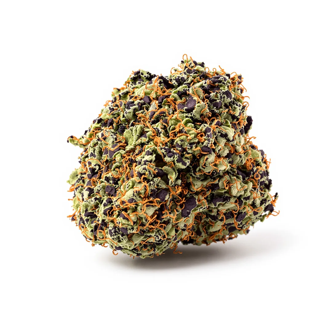 Crouching Tiger Hidden Alien 82% indica / 18% sativa — flor con tricomas visibles