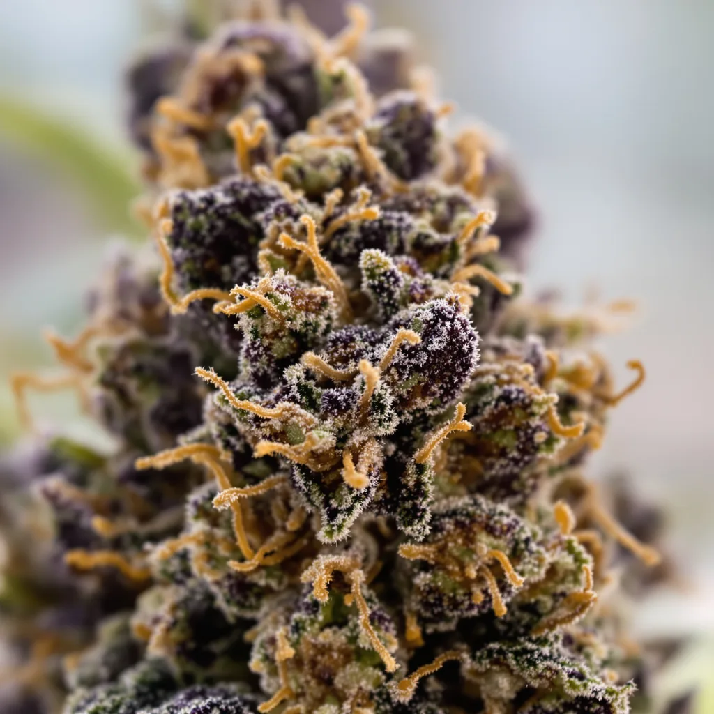 Primer plano de cogollo de cannabis Crown OG mostrando cálices densos con tonos morados