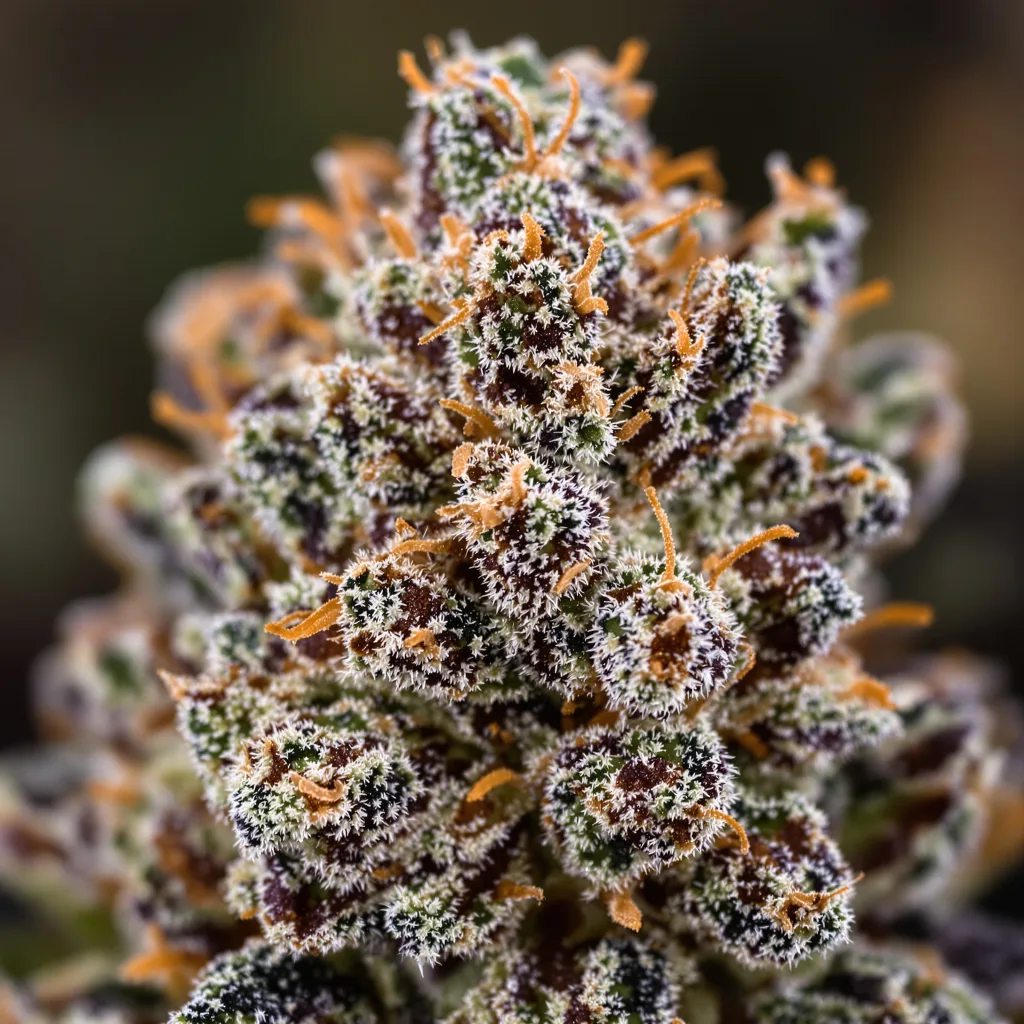 Primer plano de cogollo de cannabis Crown OG mostrando cálices densos con tonos morados