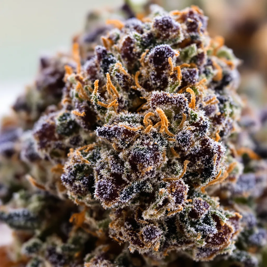 Primer plano de cogollo de cannabis Crown Royale mostrando cálices densos con tonos morados