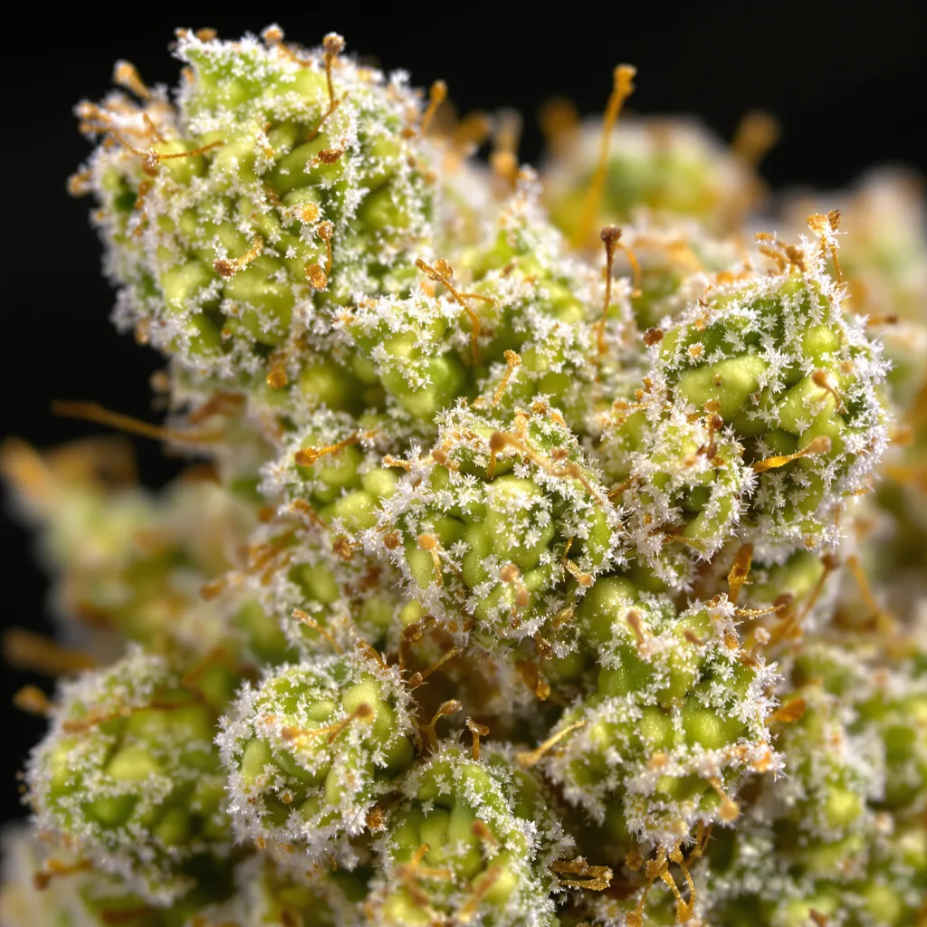 Primer plano de cogollo de cannabis Crystal Coma mostrando estructura aireada verde lima
