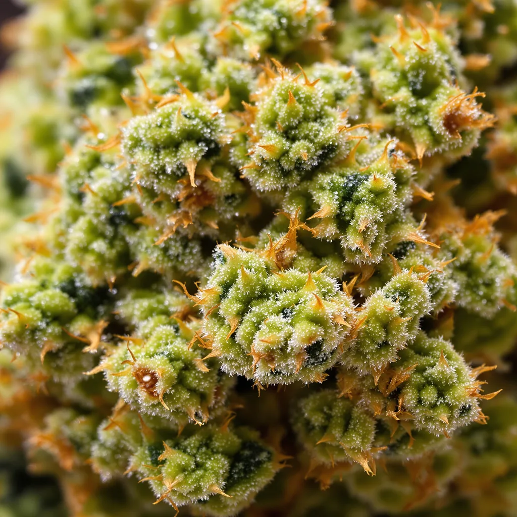 Primer plano de cogollo de cannabis Crystal Coma mostrando estructura aireada verde lima