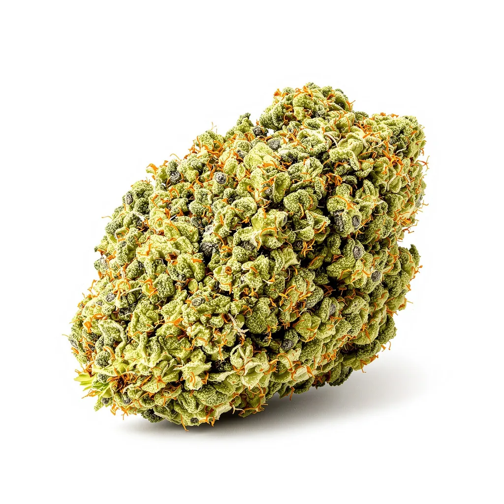 Crystal Coma 18% indica / 82% sativa — flor con tricomas visibles