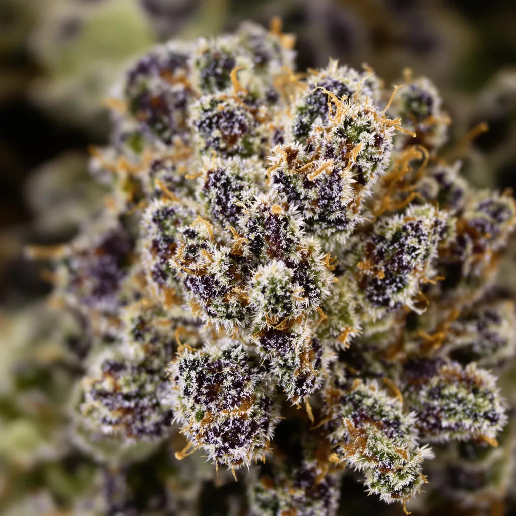 Primer plano de cogollo de cannabis Crystal mostrando cálices densos con tonos morados