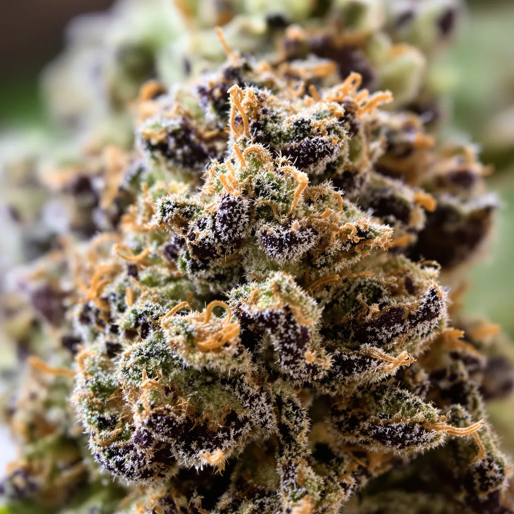 Primer plano de cogollo de cannabis Cuvee mostrando cálices densos con tonos morados