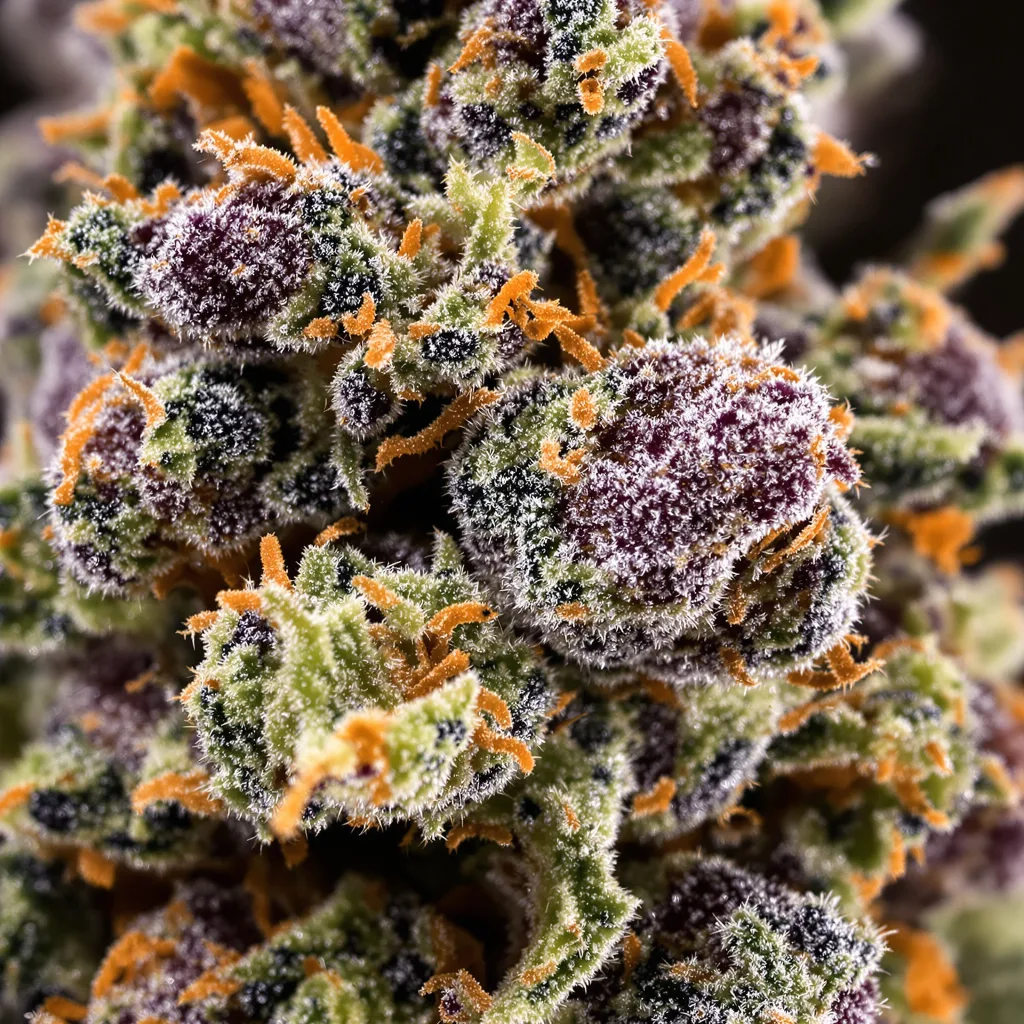 Primer plano de cogollo de cannabis Dairy Queen mostrando cálices densos con tonos morados
