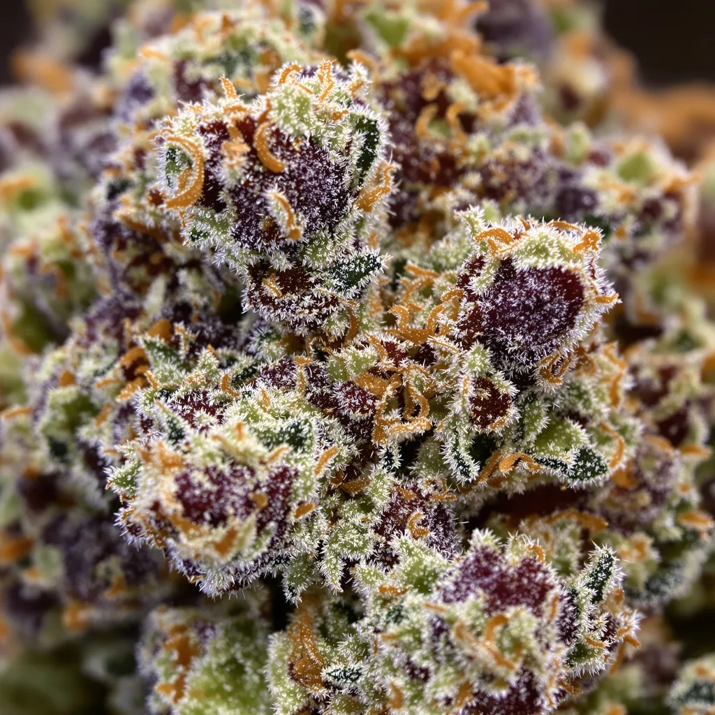 Primer plano de cogollo de cannabis Dairy Queen mostrando cálices densos con tonos morados