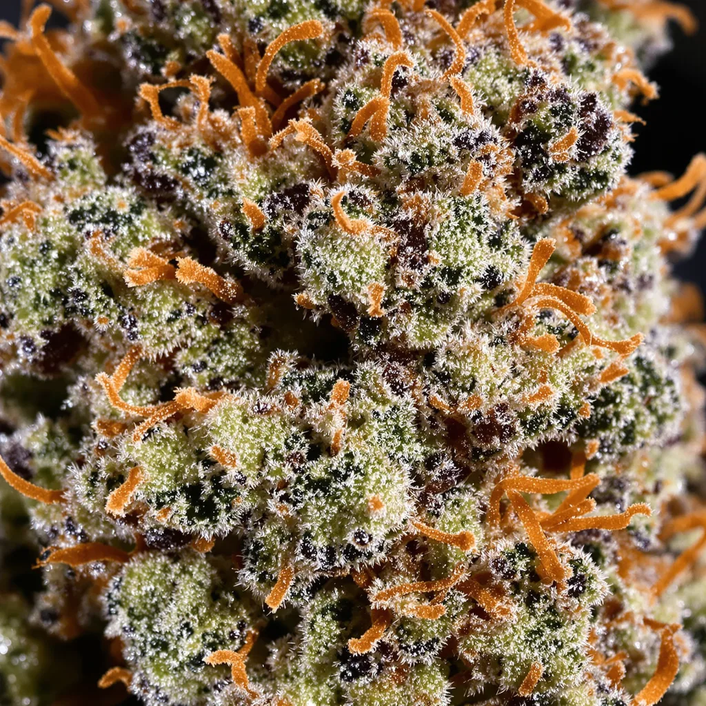 Primer plano de cogollo de cannabis Dakini Kush mostrando cálices densos con tonos morados