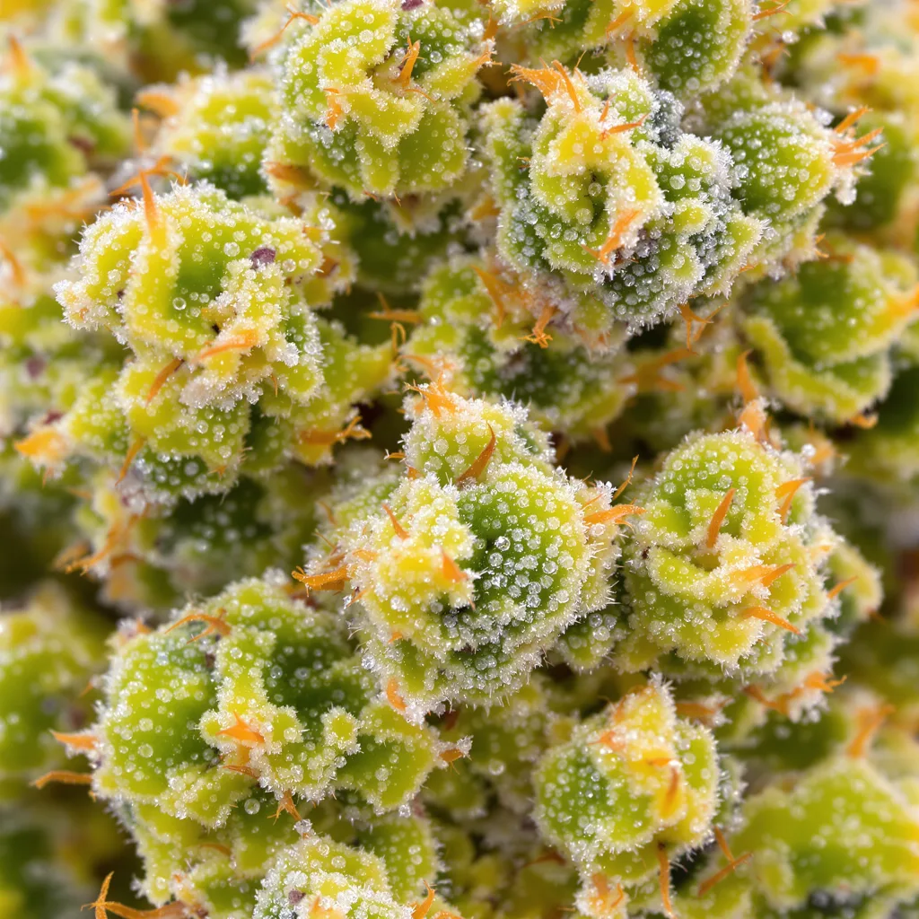 Primer plano de cogollo de cannabis Damnesia mostrando estructura aireada verde lima