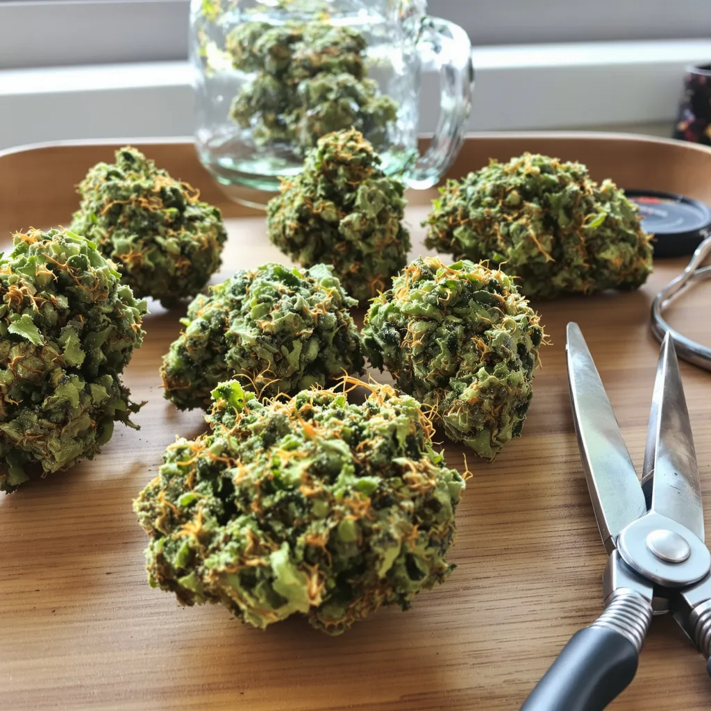 Damnesia 16% indica / 84% sativa — flor con tricomas visibles