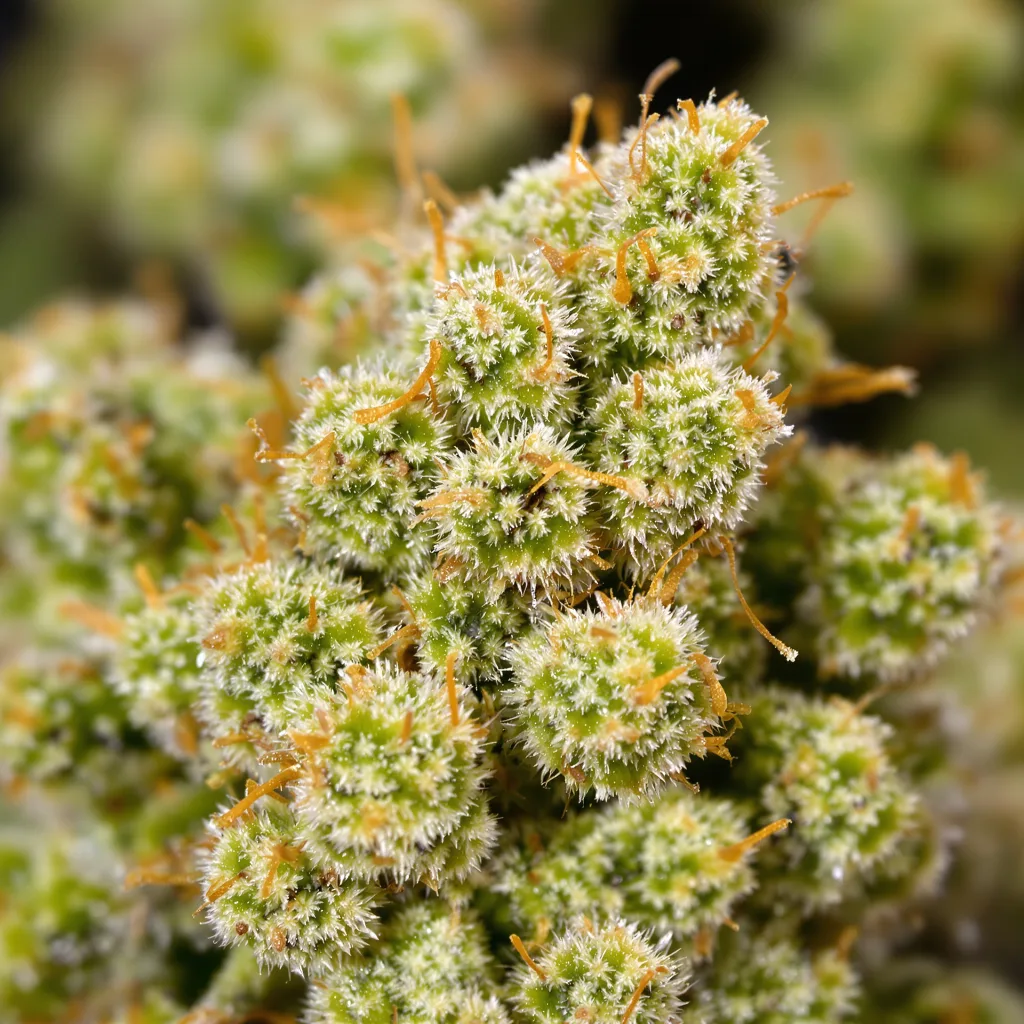 Primer plano de cogollo de cannabis Damnesia mostrando estructura aireada verde lima