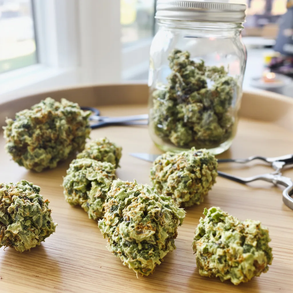 Dance World CBD 57% indica / 43% sativa — flor con tricomas visibles