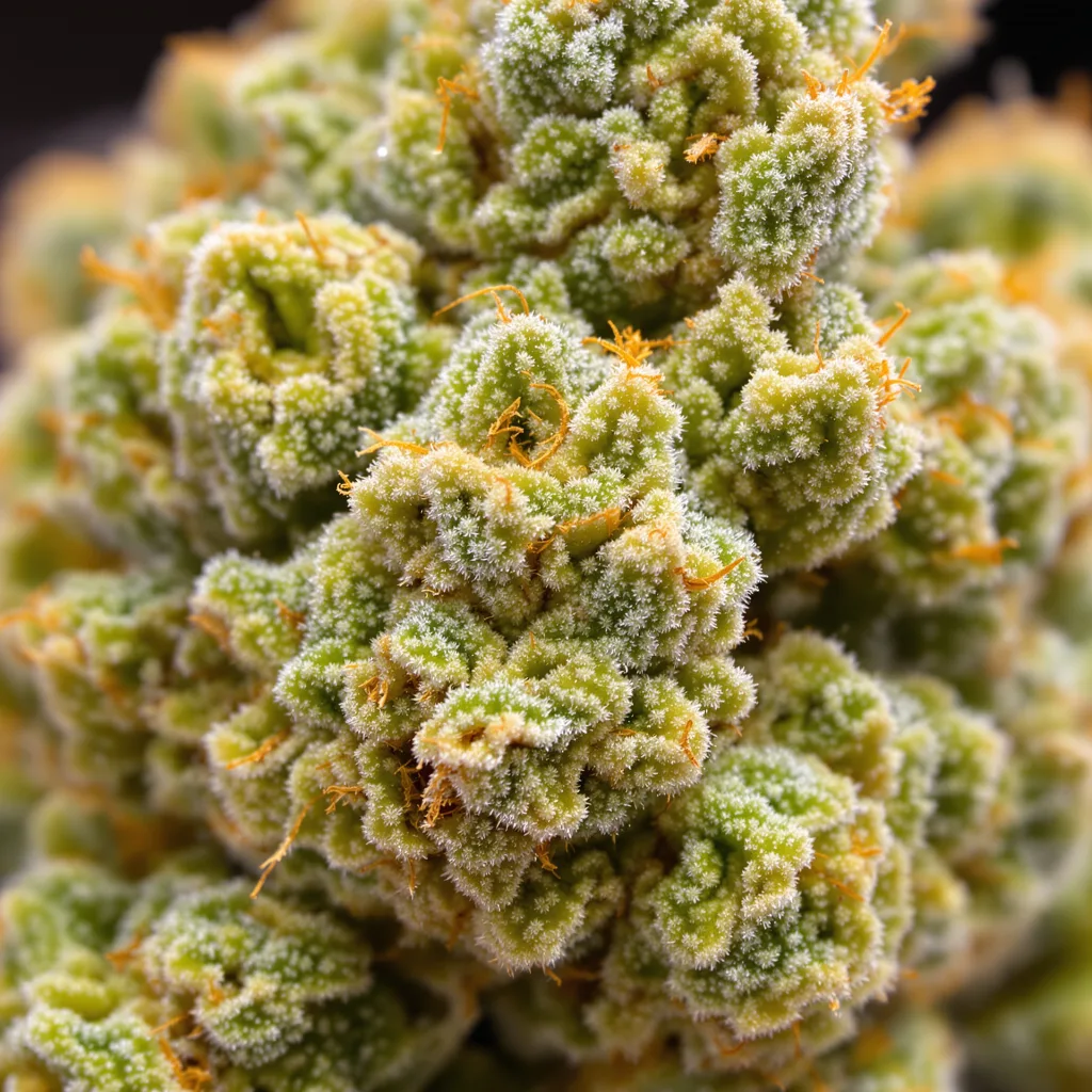 Primer plano de cogollo de cannabis Dance World mostrando estructura aireada verde lima