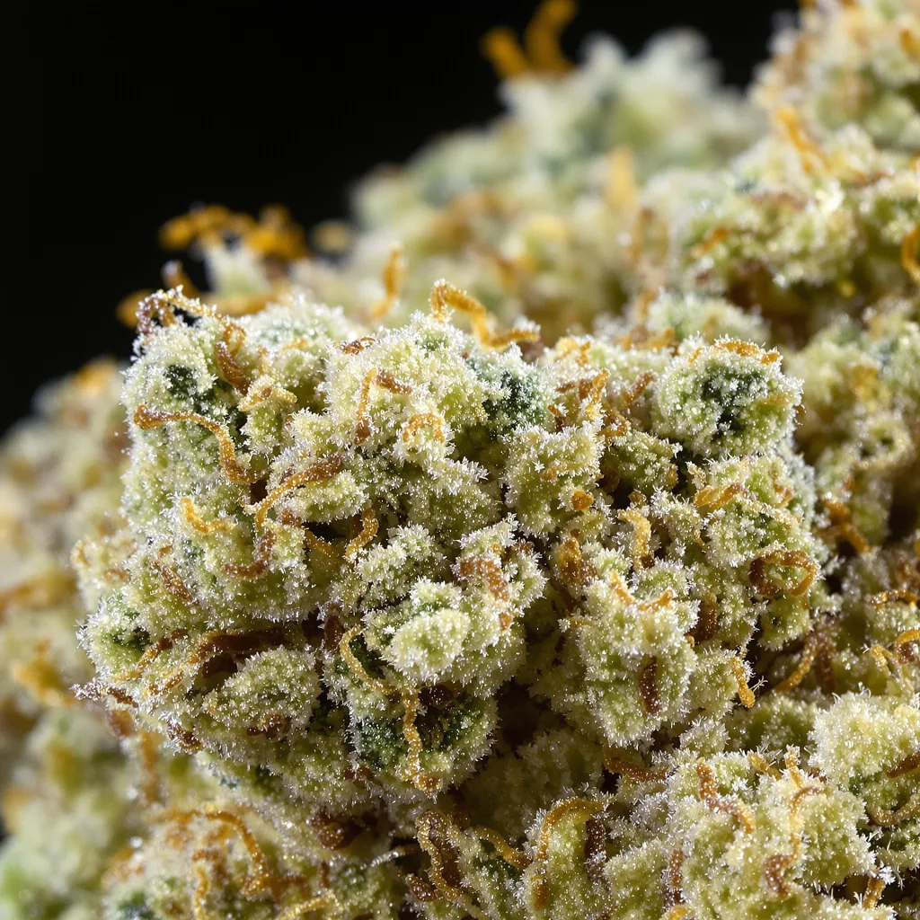Primer plano de cogollo de cannabis Dancehall CBD mostrando flor clara con baja resina