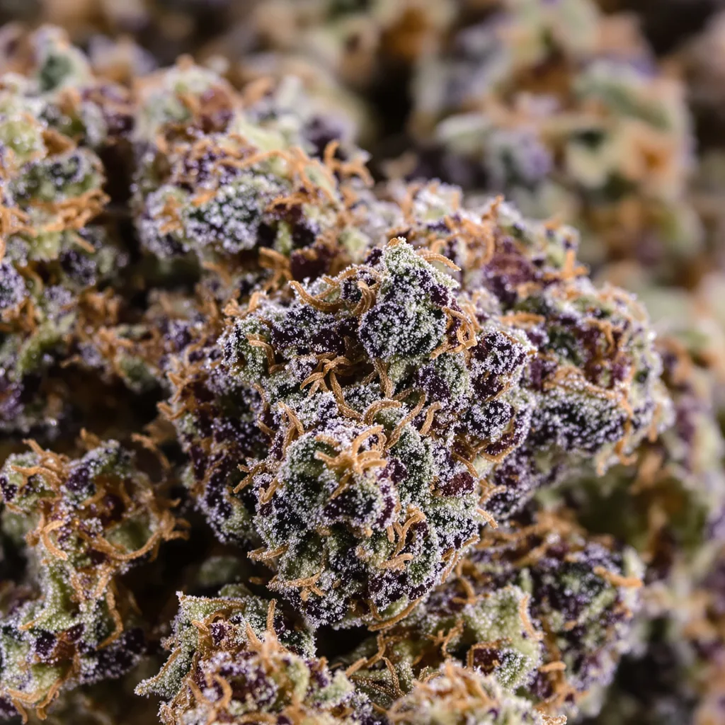 Primer plano de cogollo de cannabis Dank Schrader mostrando cálices densos con tonos morados