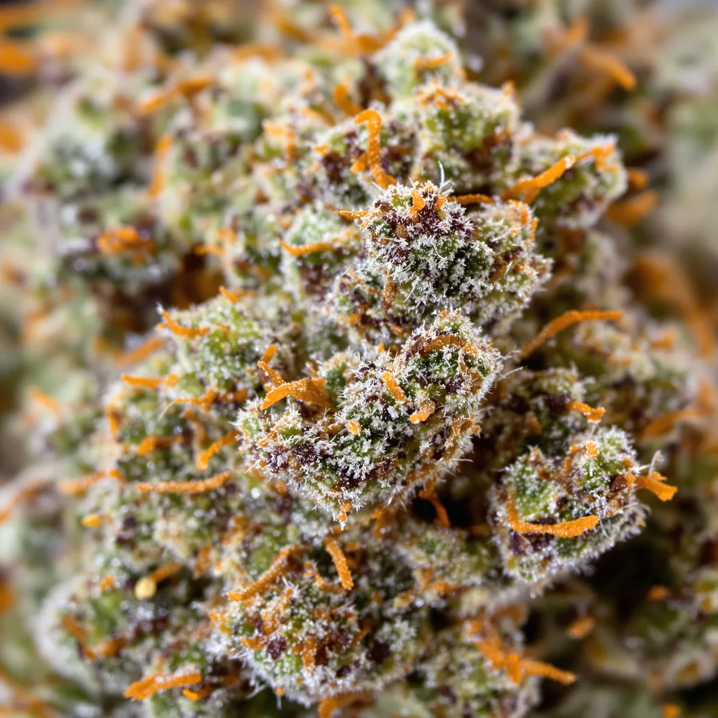 Primer plano de cogollo de cannabis Dank Sinatra mostrando estructura equilibrada con tricomas escarchados