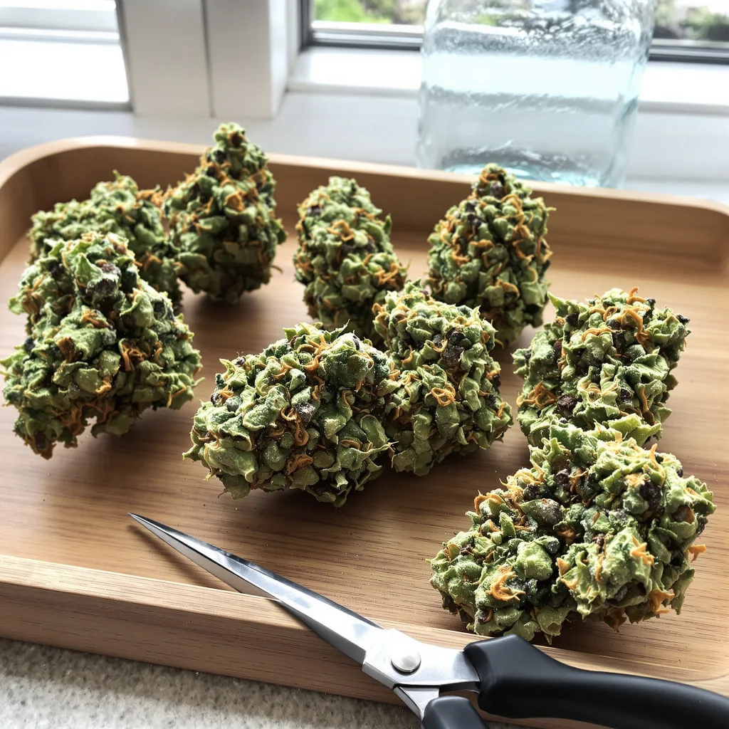 Dank Sinatra 52% indica / 48% sativa — flor con tricomas visibles