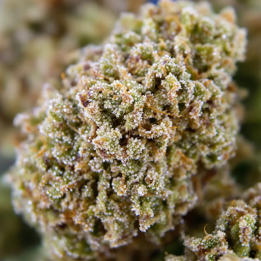 Primer plano de cogollo de cannabis Dank Sinatra mostrando estructura equilibrada con tricomas escarchados