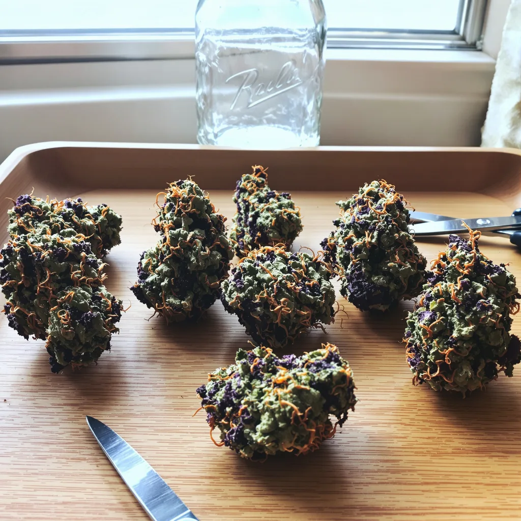 Dark Side of the Moon 86% indica / 14% sativa — flor con tricomas visibles