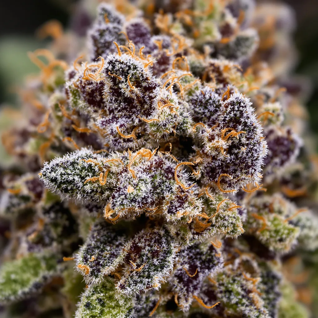 Primer plano de cogollo de cannabis Dark Side of the Moon mostrando cálices densos con tonos morados