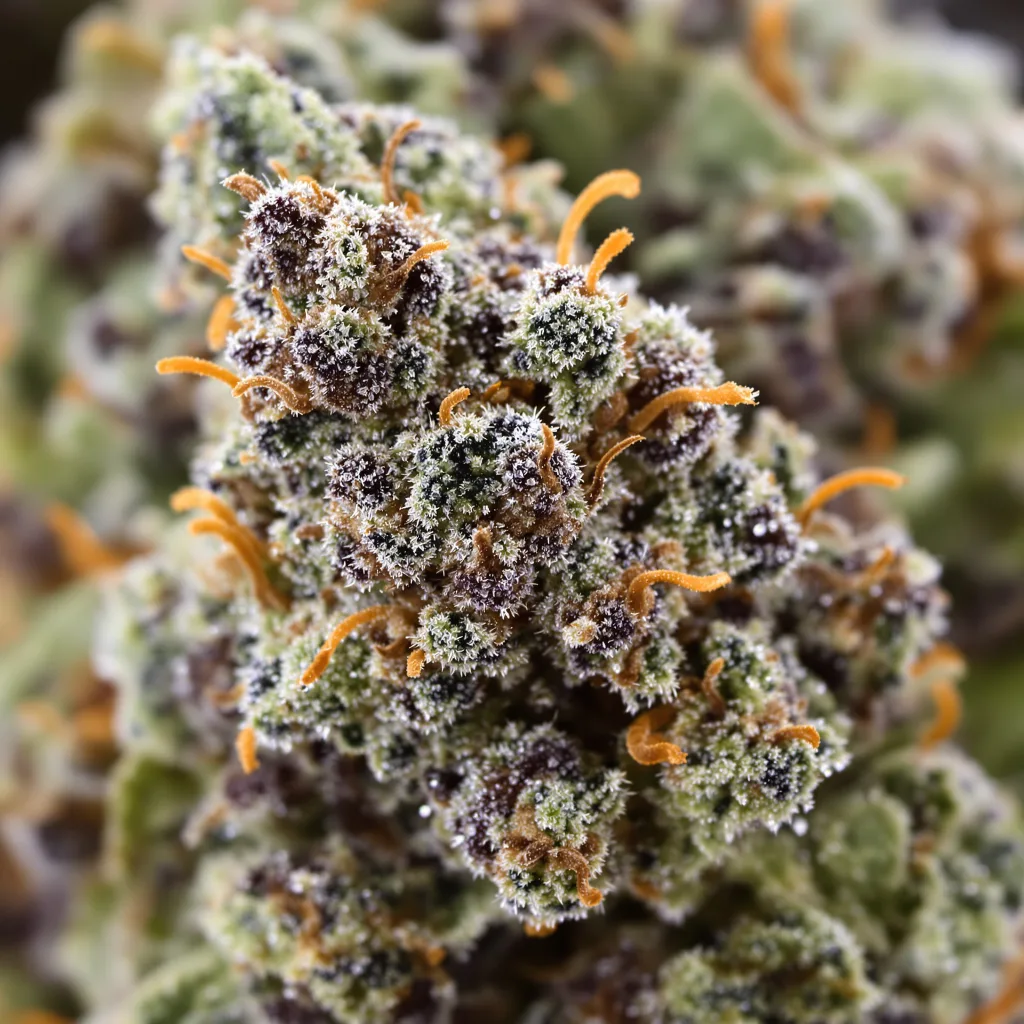 Primer plano de cogollo de cannabis Dark Side of the Moon mostrando cálices densos con tonos morados